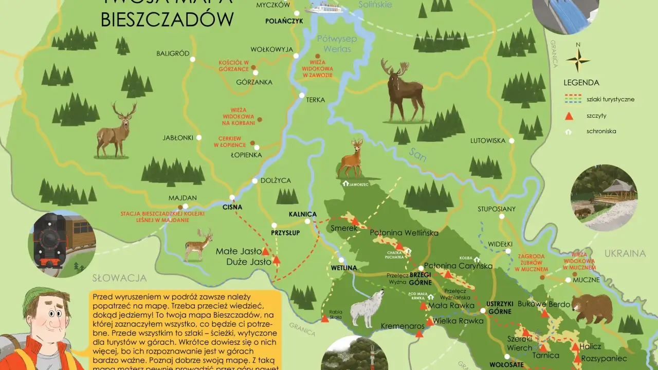 Mapa Bieszczadów z zaznaczonymi szlakami, schroniskami i zwierzętami. Tu zaczynają się bieszczady, pełne dzikiej przyrody i pięknych widoków.