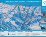 Mapa tras narciarskich w rejonie Kasprowego Wierchu z zaznaczonymi kolejkami, szlakami i wyciągami.