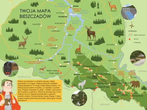 Mapa Bieszczadów z zaznaczonymi szlakami, schroniskami i zwierzętami. Tu zaczynają się bieszczady, pełne dzikiej przyrody i pięknych widoków.