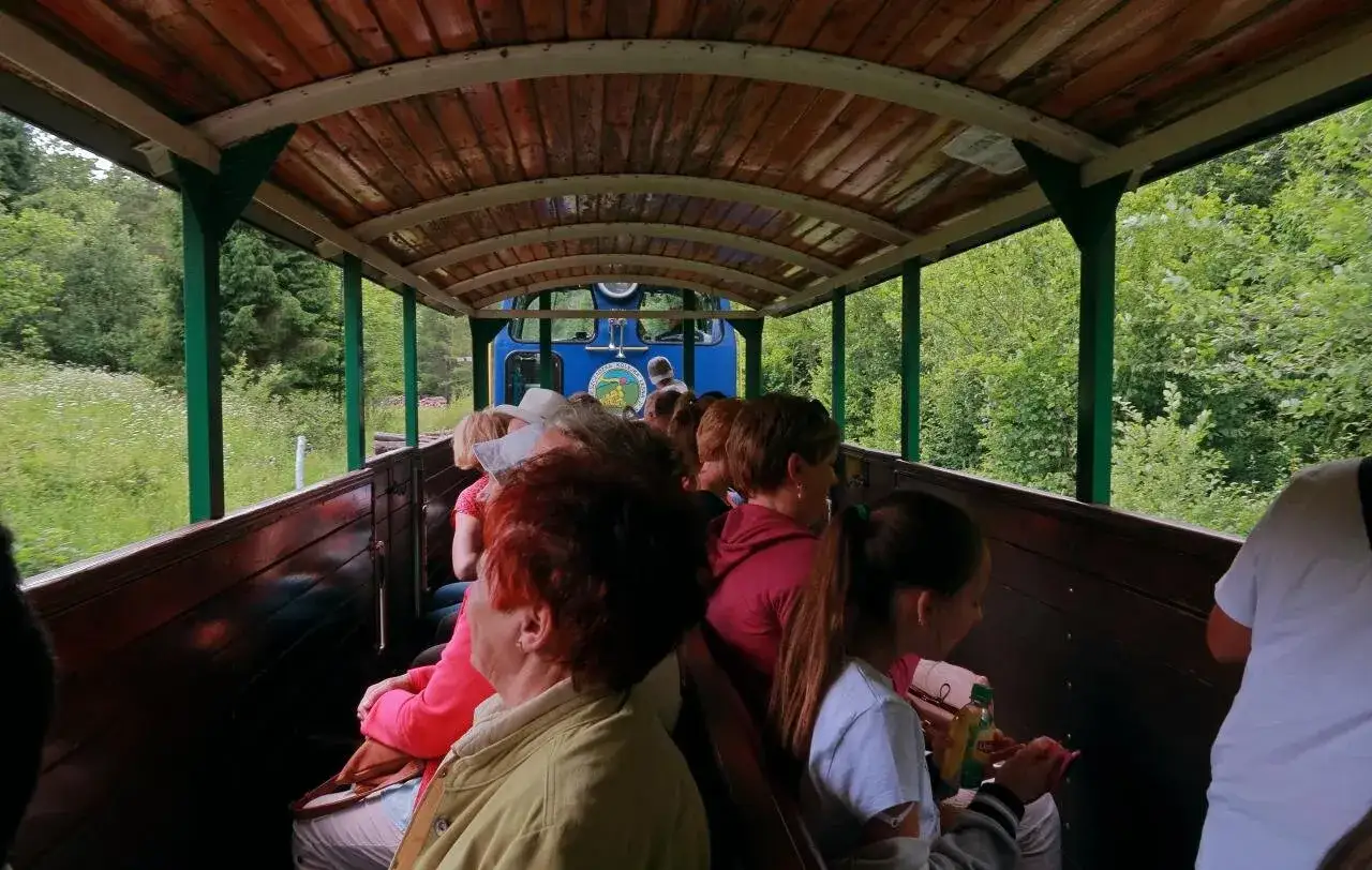 Wnętrze wagonu kolejki wąskotorowej Bieszczady. Ludzie siedzą, podziwiając krajobraz. Sprawdź cennik i wybierz się na niezapomnianą podróż!