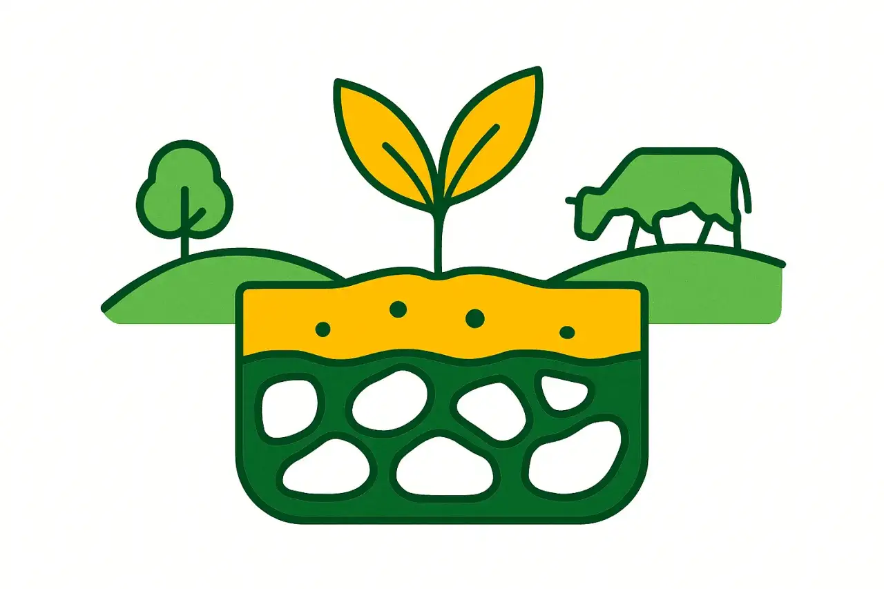 Ilustracja przedstawia przekrój gleby, na której rośnie roślinka, a w tle pasie się krowa. To symboliczne przedstawienie żyznych gleb górskich.